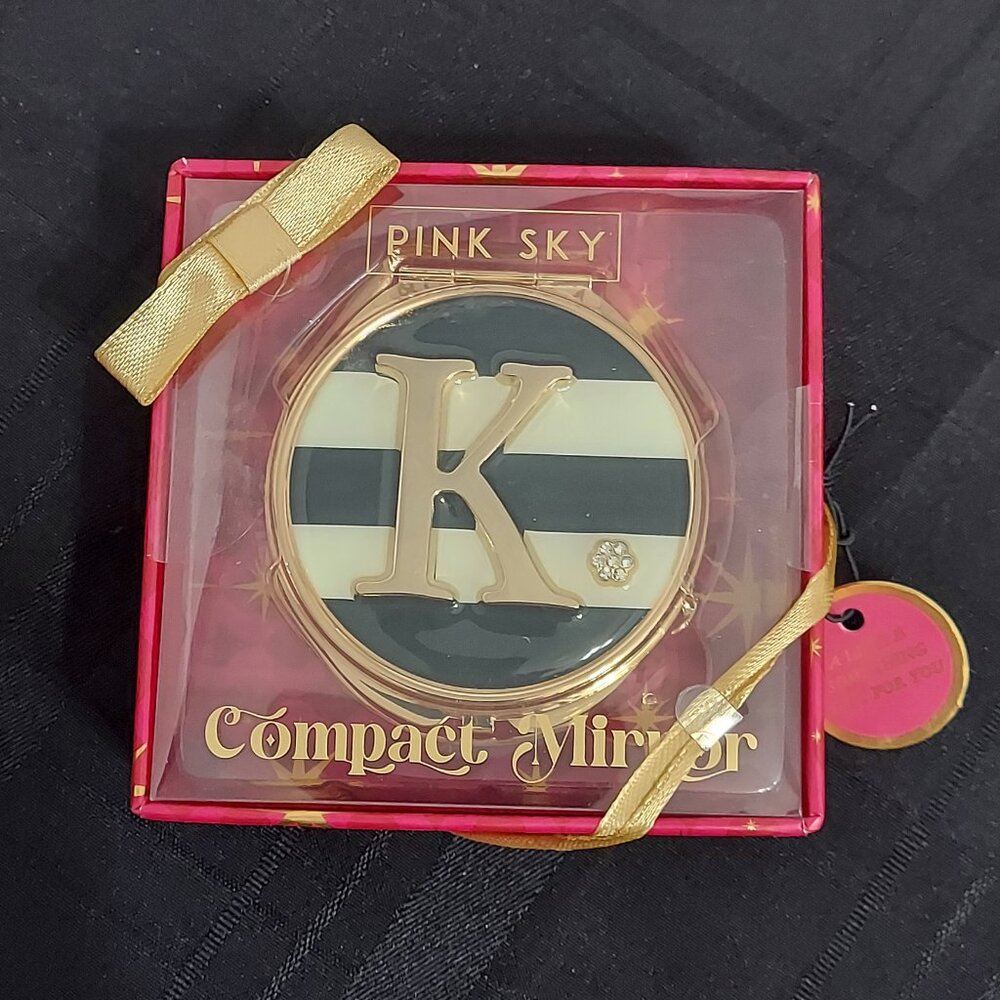 NIB PINK SKY BLACK/WHITE "K" Jeweled Compact‎ Mirror Standard & 2x Magnification